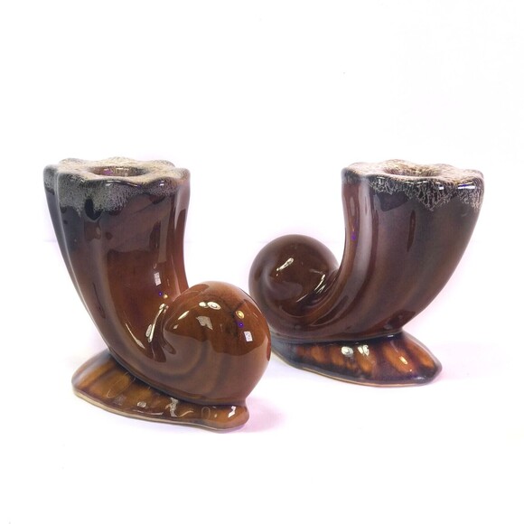 Anna Van Briggle Pottery Brown Drip Horn Cornucopia Candle Holder Pair RARE VTG - Picture 2 of 11